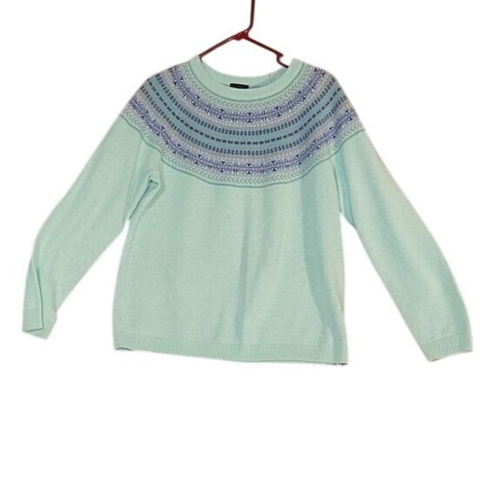 Talbots Sweater‎ Womens Petite Mint Green Blue Fair Isle Lambswool Blend Sz L